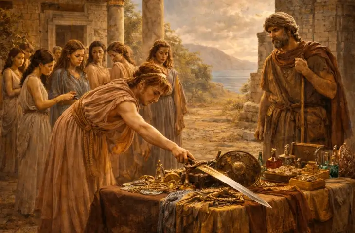 Odysseus’un Skyros Adası’nda Akhilleus’u ortaya çıkarmak için kullandığı zekice planı betimleyen mitolojik sahne; genç kızların arasındaki Akhilleus silahlara uzanırken görülüyor.